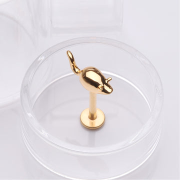 Detail View 1 of Golden Charming Little Mouse Top Internally Threaded Labret Flat Back Stud